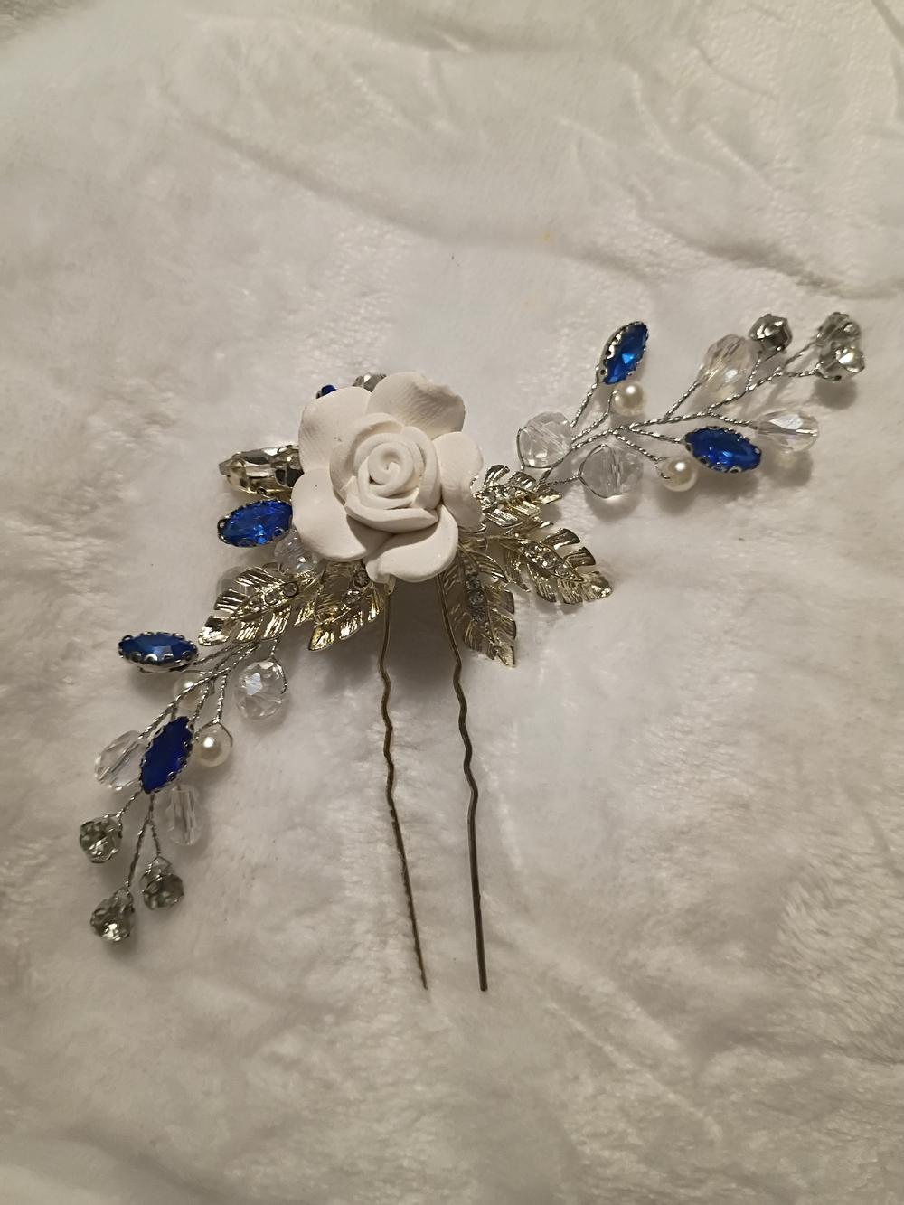 White Floral Hair Pin with Blue Crystal Accents